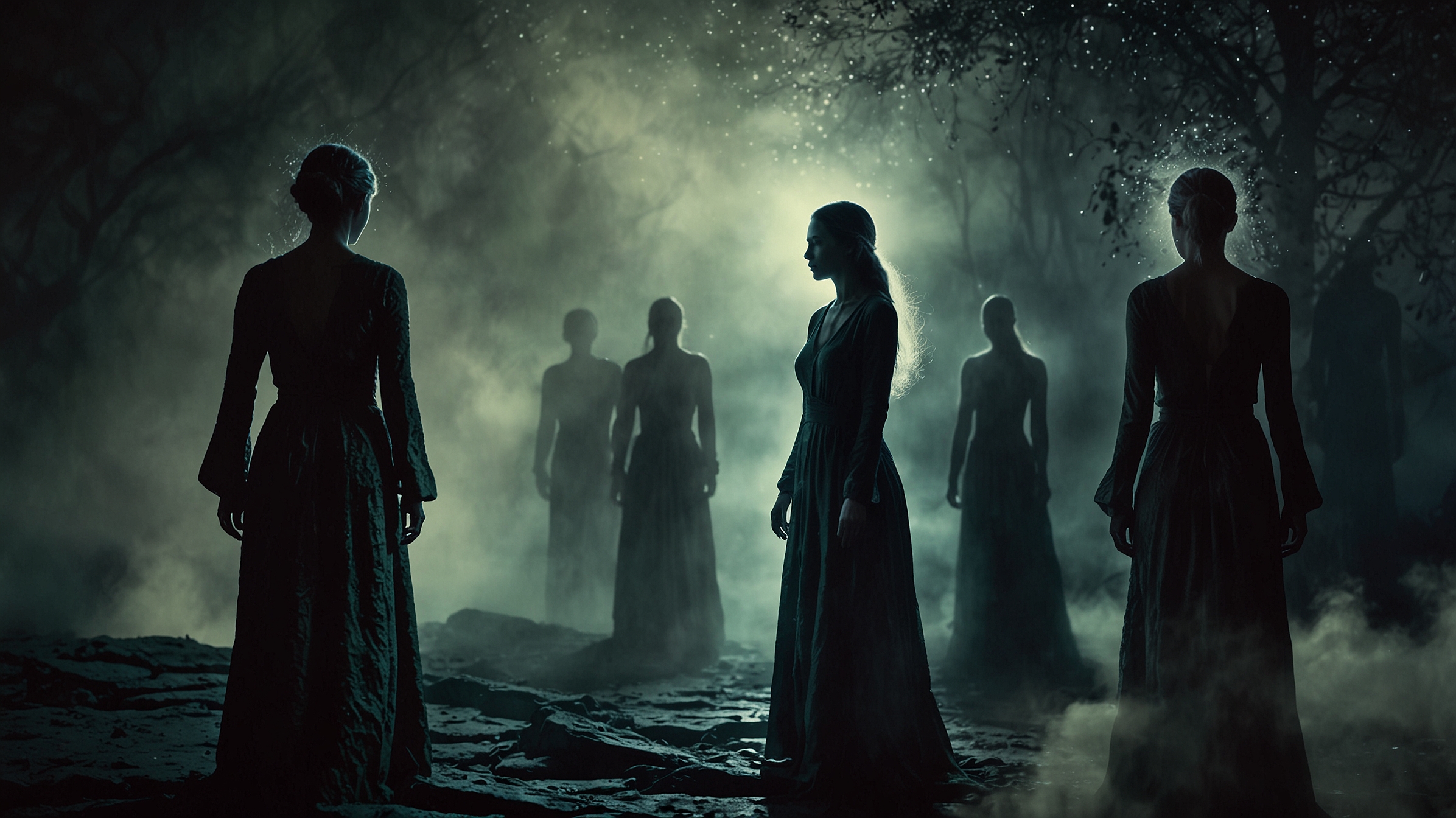 Silhouettes mystérieuses dans une forêt sombre représentant la dépersonnalisation